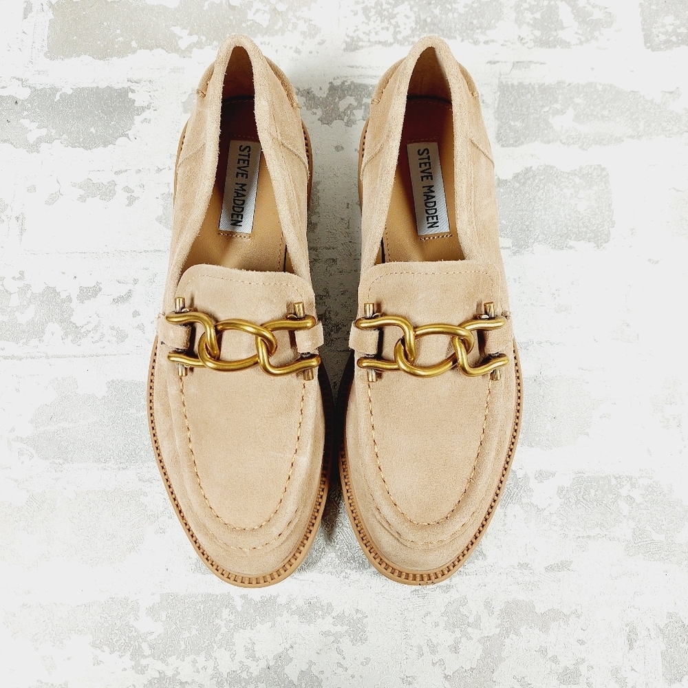 New Steve Madden Karmine Gleaming Tan Suede Goldtone Hardware Loafer W246 - Picture 6 of 9